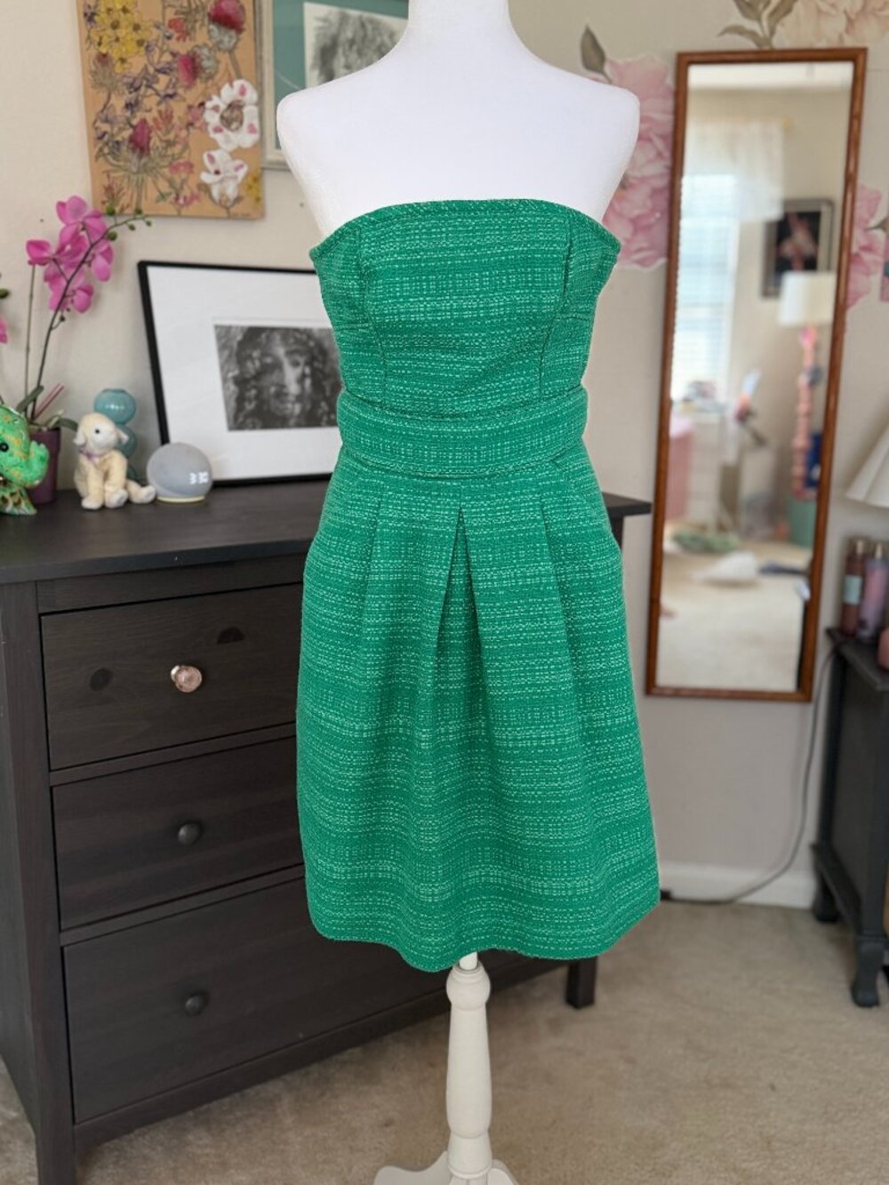 Banana Republic Emerald Green Tweed Strapless Dress 0